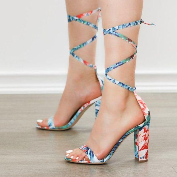 Blue Floral Laced-up Leg Tie, Ankle Strap High Heels Sandals - Picture 4 of 8